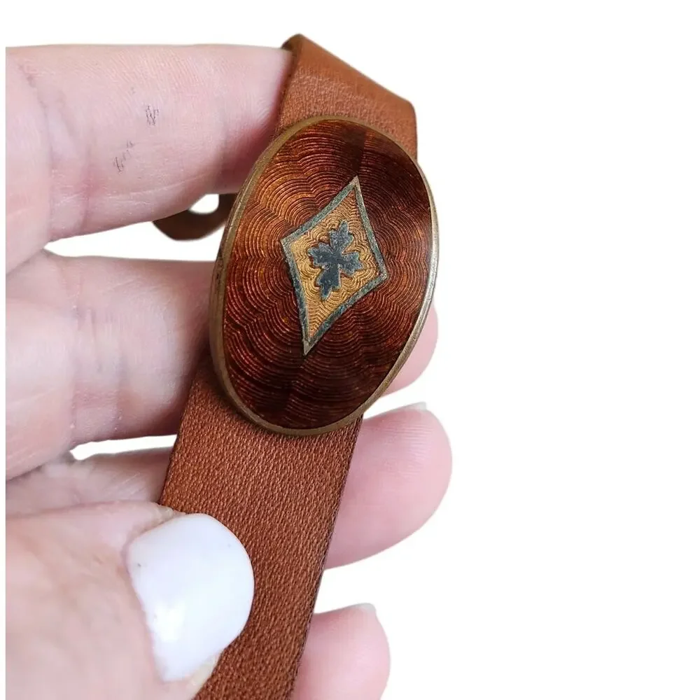 Vintage Austria Artisan Boho Tribal Bracelet Leather Brass Copper Wood Grain